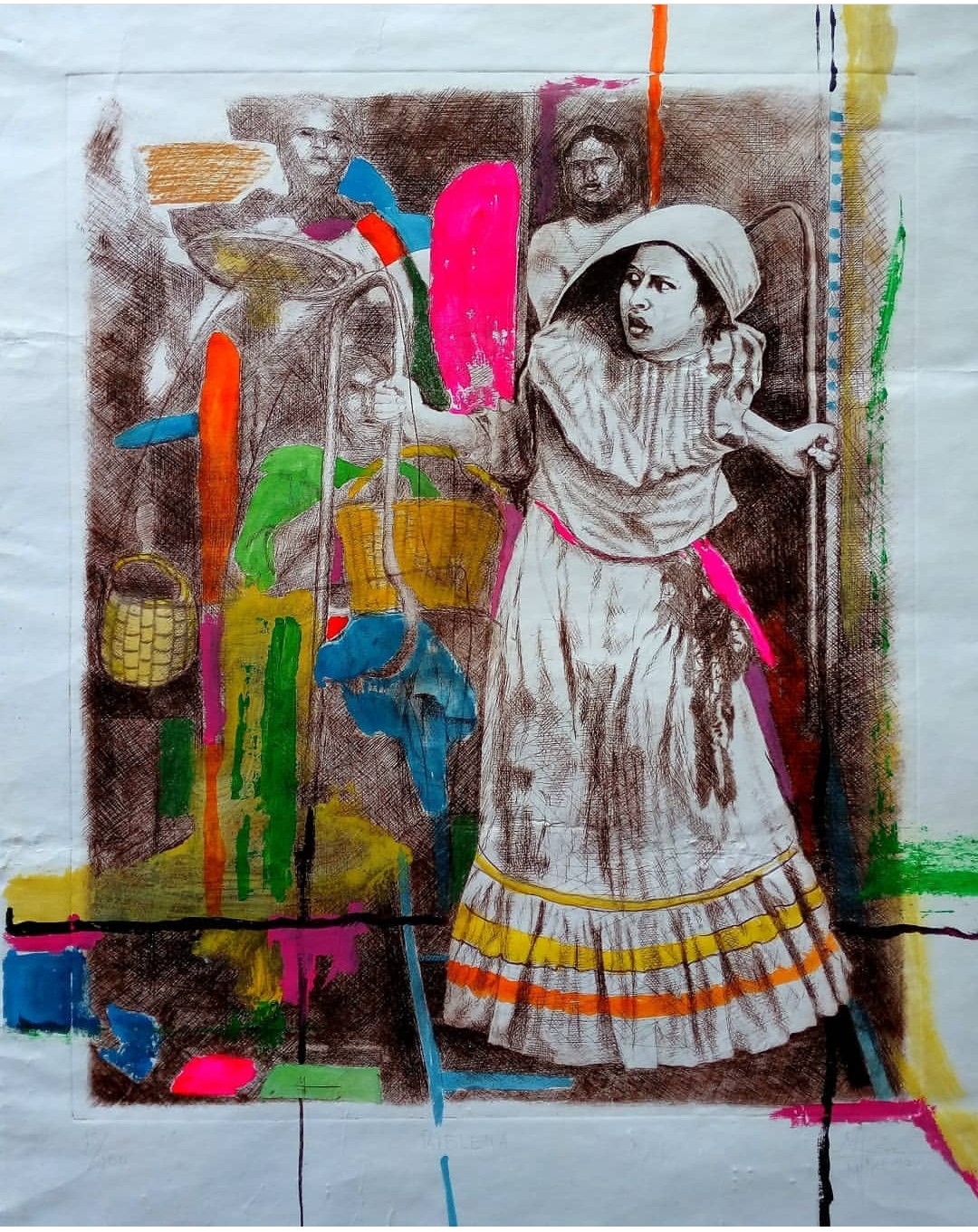 Grabado de tortillera con intervención de color